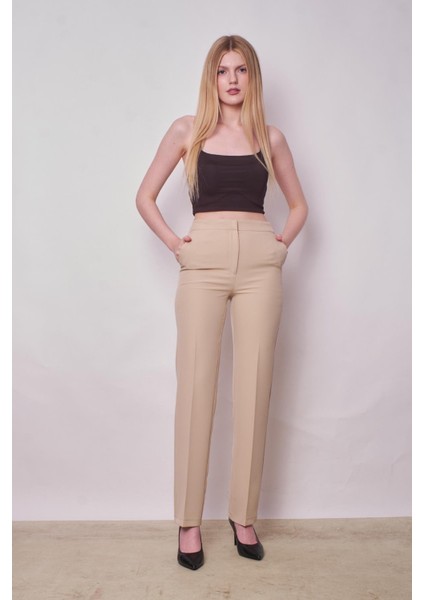 Kadın Yüksek Bel Yan Cepli Boru Paça Şık Kırışmaz Hafif Likralı Kumaş Klasik Pantolon(Ceket Jument 30074)-TAŞ modelleri