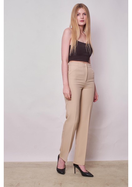 Kadın Yüksek Bel Yan Cepli Boru Paça Şık Kırışmaz Hafif Likralı Kumaş Klasik Pantolon(Ceket Jument 30074)-TAŞ indirimleri