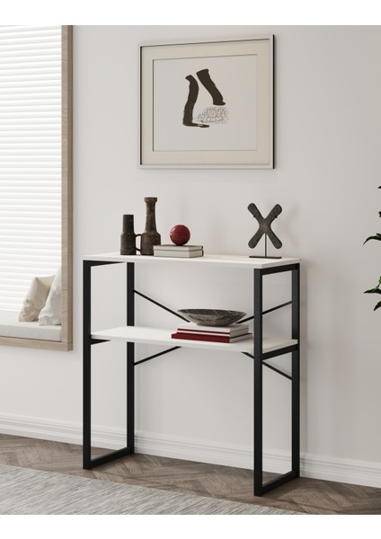 Özgen Dresuar, Kahve Köşesi, Raflı Metal Konsol - 90cm - Beyaz