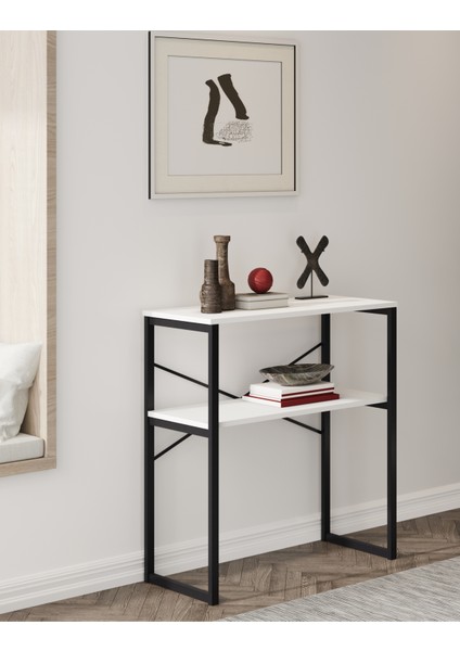 Özgen Dresuar, Kahve Köşesi, Raflı Metal Konsol - 90cm - Beyaz