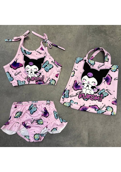 Kız Çocuk Pembe Kuromi Üç Parça Çantalı Bikini Takımı Mayo