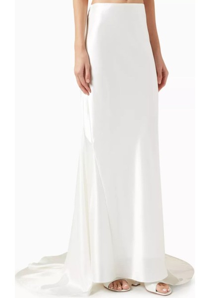 Hourston Satin Maxi Etek, Beyaz Kuyruklu Uzun Etek