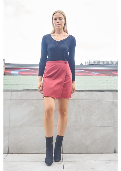 Kadın Yüksek Bel Kruvaze Model Hafif Likralı Şık Kumaş Ofis Kalem Etek-Bordo