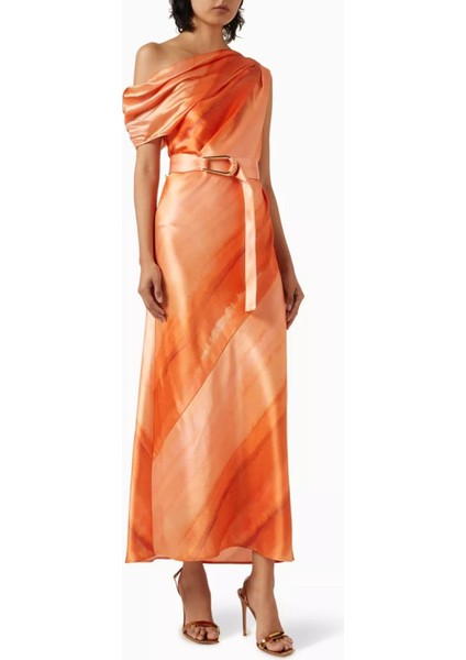 Boise Saten Midi Elbise, Melon Watercolour