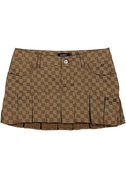 Biscotto Monogram Kloş Etek - Kahverengi, Jacquard Desenli Mini Etek