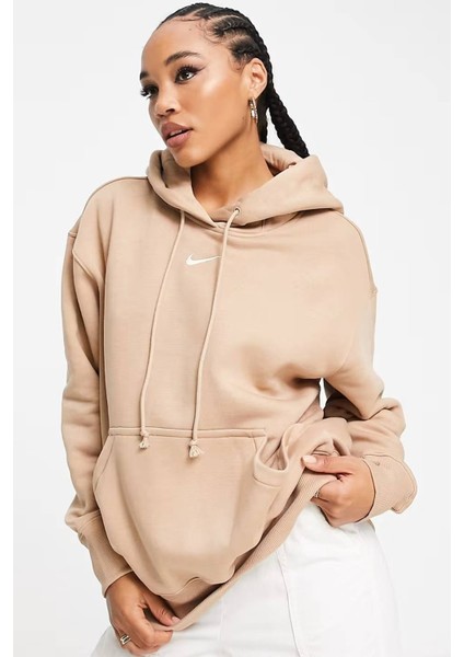 Sportswear Phoenix Fleece Oversize Pullover Hoodie Kadın Kapüşonlu Bol Kesim Sweatshirt Bej