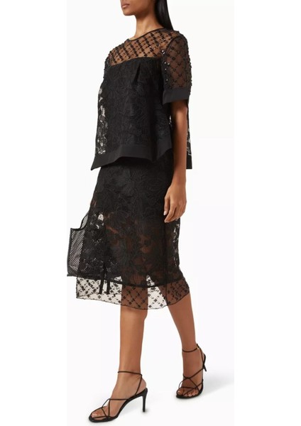 Siyah Dantel Organze Midi Etek Modern Romantik ve Feminen Tasarım modelleri