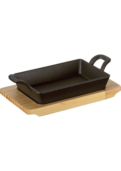Döküm Servis Tavası, Ahşap Tepsili, Grill ve Fırın Uyumlu, 20,5X12,5X6 cm