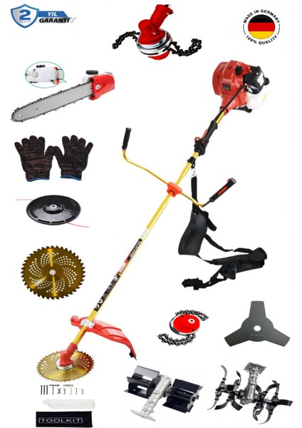 Alman Raider Model Benzinli Yan Tırpan Ot Çalı Biçme Toprak Çapalama Makinesi 2 Çapa Başlıklı