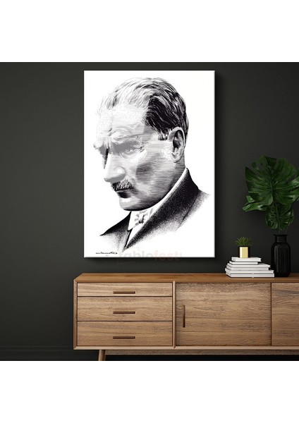 Nokta Çizim Atatürk - Beyaz Fonda Profil Cam Tablo