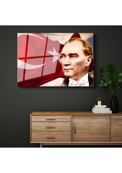 Bayrak Fonlu Atatürk - Papyonlu Profil Cam Tablo