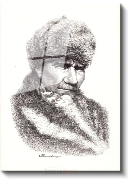 Kürklü Atatürk - Karakalem Kış Portresi Cam Tablo fiyatları