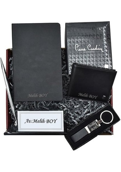 Kişiye Özel Kutulu Masaüstü Kristal Isimlik Lüx Defter Pierre Cardin Cüzdan ve Anahtarlık Set