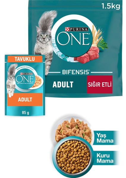 Purına One Adult Sığır Etli Tam Tahıllı Yetişkin Kedi Maması 1.5kg + Tavuklu Yaş Kedi Maması 85G