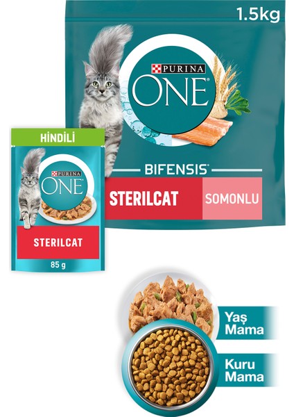 Purına One Somonlu Kısır Kedi Maması 1.5kg + Purına One Sterilcat Hindi Yaş Kısır Kedi Maması 85G
