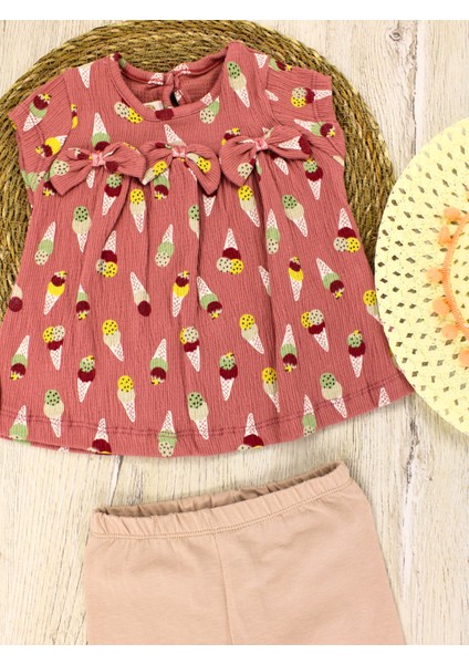 Hasır Şapkalı, Üç Parça. Fiyonklu , Dondurma Desenli Kız Çocuk Bebek Alt Üst Takım 6 Ay, 9 Ay, 12 Ay, 18 Ay modelleri