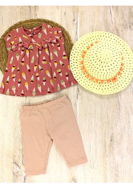 Hasır Şapkalı, Üç Parça. Fiyonklu , Dondurma Desenli Kız Çocuk Bebek Alt Üst Takım 6 Ay, 9 Ay, 12 Ay, 18 Ay fiyatları
