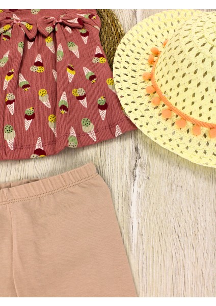 Hasır Şapkalı, Üç Parça. Fiyonklu , Dondurma Desenli Kız Çocuk Bebek Alt Üst Takım 6 Ay, 9 Ay, 12 Ay, 18 Ay fırsatları