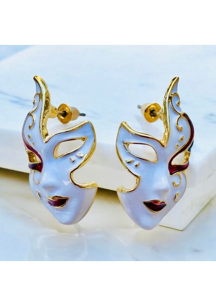 Renkli Mineli Altın Renk Çivi Kilitli Tiyatro Maskesi Küpe fiyatları