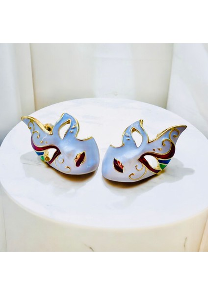 Renkli Mineli Altın Renk Çivi Kilitli Tiyatro Maskesi Küpe fırsatları