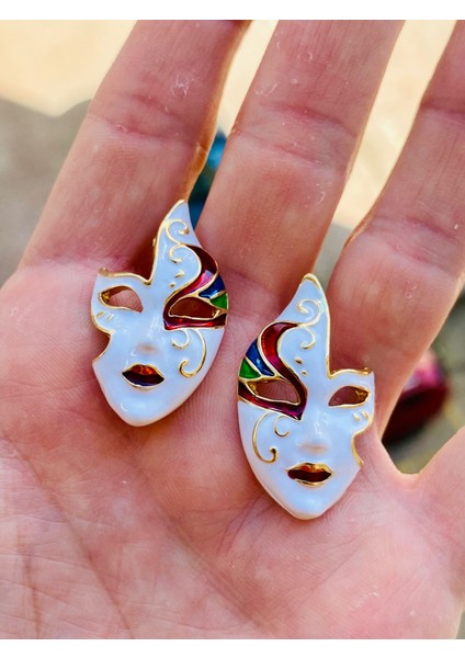 Renkli Mineli Altın Renk Çivi Kilitli Tiyatro Maskesi Küpe indirimleri