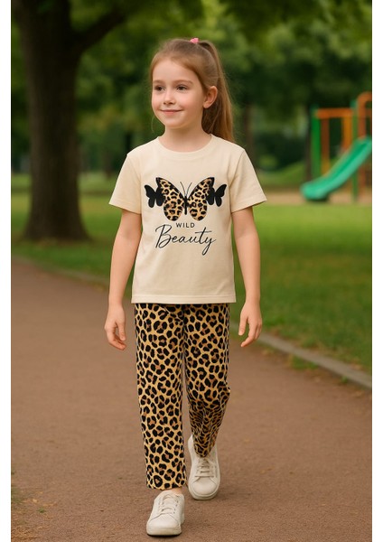 Kız Çocuk Yazlık Leopar Desenli Takım | Wild Beauty Pamuklu Baskılı Tişört + Desenli Bol Paça Pantolon | Günlük Kombin, Park, Tatil