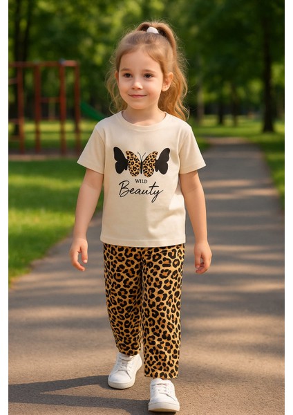 Kız Çocuk Yazlık Leopar Desenli Takım | Wild Beauty Pamuklu Baskılı Tişört + Desenli Bol Paça Pantolon | Günlük Kombin, Park, Tatil fiyatları