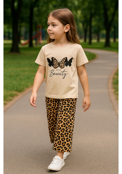 Kız Çocuk Yazlık Leopar Desenli Takım | Wild Beauty Pamuklu Baskılı Tişört + Desenli Bol Paça Pantolon | Günlük Kombin, Park, Tatil modelleri