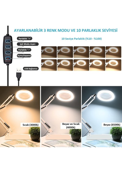 Büyüteçli Masa Lambası LED Işıklı 5/8x Mercekli Göz Koruyucu Işık USB Kısılabilir Aydınlatma Okuma