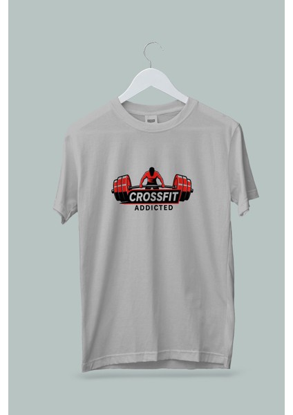 Kadın Erkek Unisex Yetişkin Crossfit Addicted Baskılı Beyaz Gri Tshirt