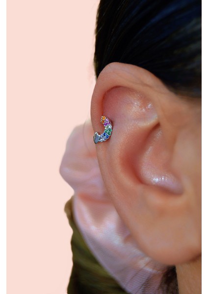 Gökkuşağı Figürlü Piercing | Zirkon Taşlı Gümüş Renkli Çelik Takı