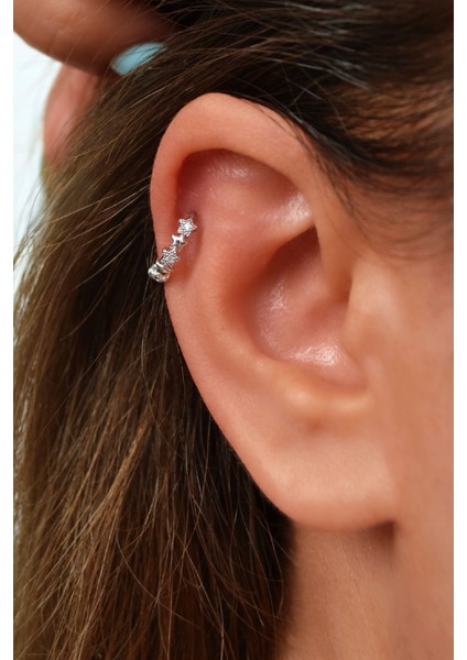 Zirkon Taşlı Yıldızlı Halka Piercing | Gümüş Renk | Helix ve Kıkırdak Uyumlu
