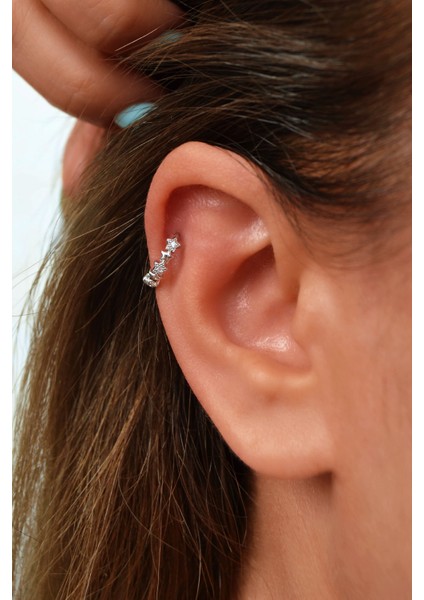 Zirkon Taşlı Yıldızlı Halka Piercing | Gümüş Renk | Helix ve Kıkırdak Uyumlu indirimleri