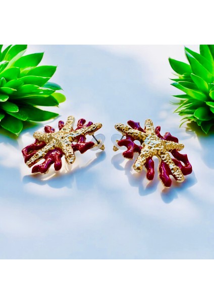 Mineli Altın Renk Mercan Model Çivi Kilitli Tasarım Denizyıldızı Küpe fiyatları