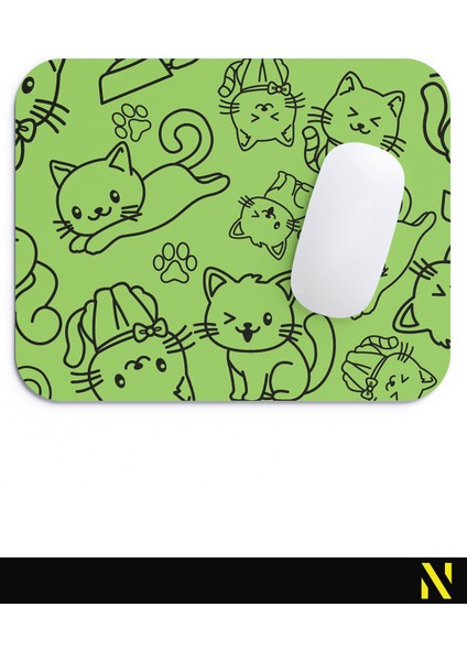 Sevimli Kediler Desenli Yeşil Renkli Ergonomik Mouse Pad - 23 cm x 19 cm - Kaydırmaz Taban Ev ve Ofis Kullanımı Fare Altlığı Mousepad