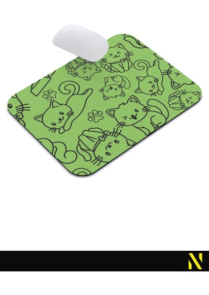 Sevimli Kediler Desenli Yeşil Renkli Ergonomik Mouse Pad - 23 cm x 19 cm - Kaydırmaz Taban Ev ve Ofis Kullanımı Fare Altlığı Mousepad