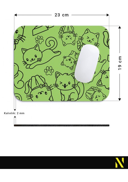 Sevimli Kediler Desenli Yeşil Renkli Ergonomik Mouse Pad - 23 cm x 19 cm - Kaydırmaz Taban Ev ve Ofis Kullanımı Fare Altlığı Mousepad