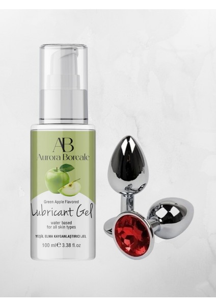Aurora Boreale Yeşil Elma Aromalı Kayganlaştırcı Jel 100ML + Mücevherli Çelik Plug Küçük Hediyeli