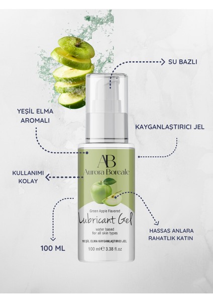 Aurora Boreale Yeşil Elma Aromalı Kayganlaştırcı Jel 100ML + Mücevherli Çelik Plug Küçük Hediyeli