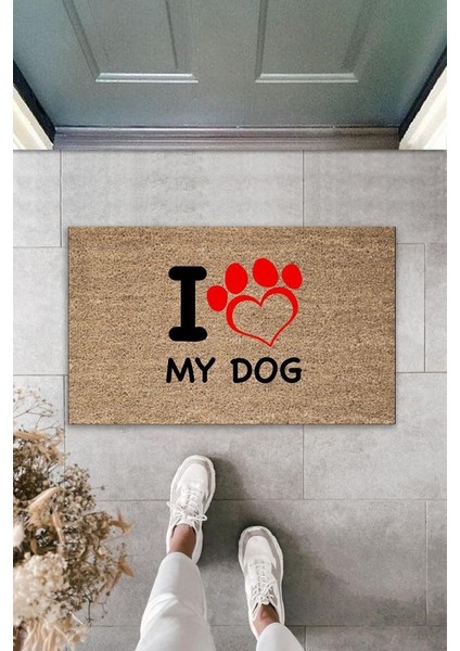 Dijital Baskı Kahverengi Kırmızı Kalpli I Love My Dog Dekoratif Kapı Paspası K-2016