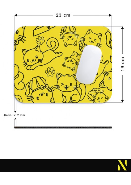 Sevimli Kediler Desenli Sarı Renkli Ergonomik Mouse Pad - 23 cm x 19 cm - Kaydırmaz Taban Ev ve Ofis Kullanımı Fare Altlığı Mousepad