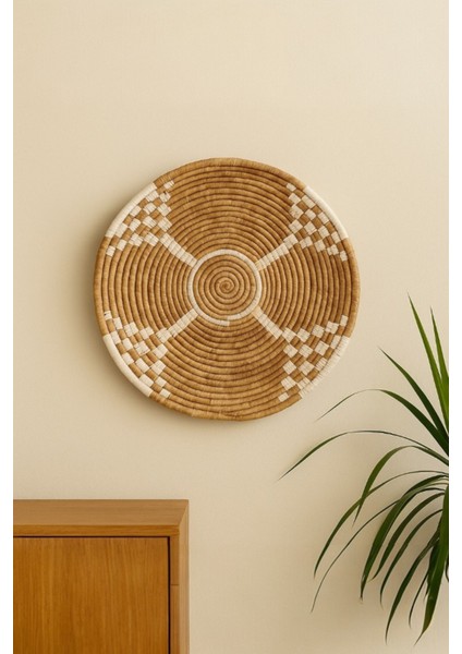 Yuvarlak Duvar Dekoru, Doğal Lif, El Örgüsü, 40 Cm, Geometrik Desenli, Hasır Dokulu, Dekoratif Obje