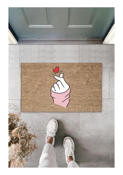 Kahverengi Kapı Önü Paspası Parmak Kalp Figürü Desen K-3234