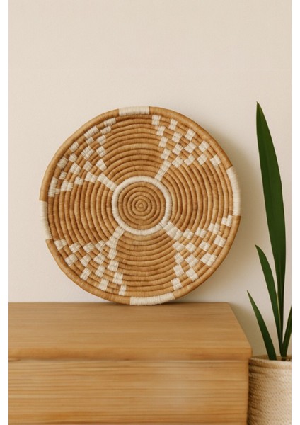 Yuvarlak Duvar Dekoru, Doğal Lif, El Örgüsü, 40 Cm, Geometrik Desenli, Hasır Dokulu, Dekoratif Obje fırsatları