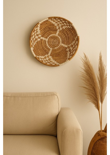 Yuvarlak Duvar Dekoru, Doğal Lif, El Örgüsü, 40 Cm, Geometrik Desenli, Hasır Dokulu, Dekoratif Obje indirimleri