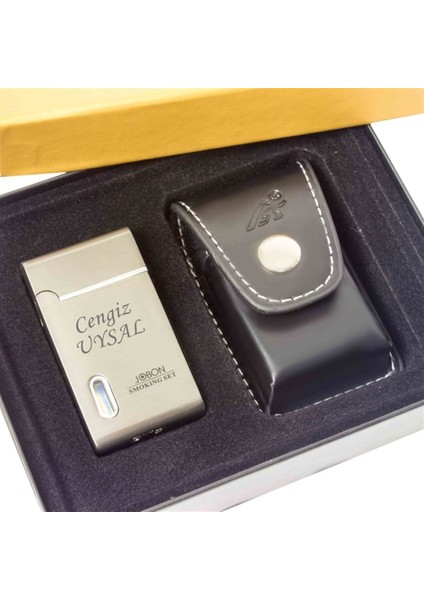 Marka Gri Renkli Kişiye Özel Deri Kılıflı Metal Lüks Çakmak