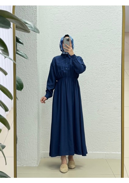Mireva Yarım Patlı Beli Lastikli ELBISE-AS4078 Lacivert