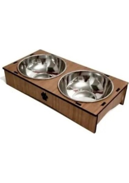 Gri Ahşap Sehpalı Ikili Çelik Mama Kabı Kedi Köpek Için Şık ve Dayanıklı Set