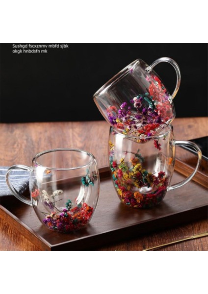 200ML & Geniş & Kalpli Çift Cidarlı & Çiçek Süslü - Termisil & Isıya Dayanıklı Cam Bardak