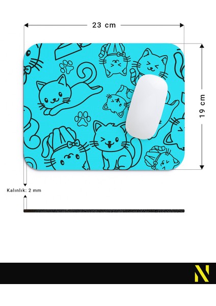 Sevimli Kediler Desenli Turkuaz Renkli Ergonomik Mouse Pad - 23 cm x 19 cm - Kaydırmaz Taban Ev ve Ofis Kullanımı Fare Altlığı Mousepad